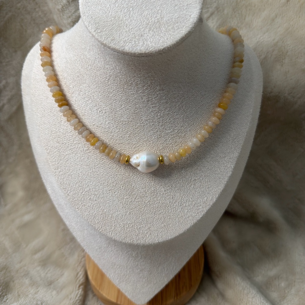 MAYAMAR Topaz Beaded Necklace with Baroque Pearl and Gold Accents